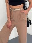 Winmoda Kemerli Ve Ön Pileli Pantolon /Kadın Bürümcük Kumaş Pantolon Salaş Kesim