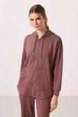 Kahverengi Yumuşak Dokulu Kapüşonlu Oversize Kadın Tunik Sweatshirt - 97302