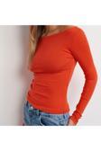 Drappe Kayık Yaka Uzun Kollu Basic T-Shirt