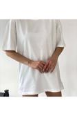Jakarlı Unisex Kalın Kumaştan Pamuk Beyaz Bisiklet Yaka Oversize Boyfriend T-Shirt