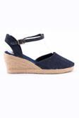 Gerçek Elişi Topuğu Açık Bilekten Bantlı Dolgu Topuk Kot Mavi Keten Hasır Espadril Handmade