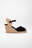 Gerçek Elişi Keten Hasır Espadril Siyah Burnu Hasırlı Arkası Açık Dolgu Topuk Handmade