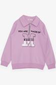 Breeze Kız Çocuk Sweatshirt Magıc Yazı Baskılı Yarım Fermuarlı Polo Yaka 8-14 Yaş, Lila