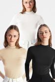 Vodens Kadın Siyah Beyaz Bej 3'Lü Dik Yaka Uzun Kol Ultra Soft Body
