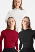 Vodens Kadın Siyah Beyaz Bordo 3'Lü Dik Yaka Uzun Kol Ultra Soft Body