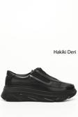 Kadın Siyah Fermuarlı Dolgu Taban Hakiki Deri Sneaker