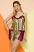 Vodens Vişne Yeşil Çizgili Saten Babydoll Şort Takımı