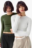 Vodens Beyaz Haki 2'Li Bisiklet Yaka Basic Ultra Soft %100 Pamuk Uzun Kol Bluz