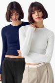 Vodens Lacivert Beyaz 2'Li Bisiklet Yaka Basic Ultra Soft %100 Pamuk Uzun Kol Bluz