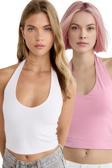 Vodens Kadın Pembe Beyaz 2'Li Halter Yaka Crop Top Body