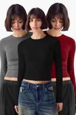 Vodens Siyah Antrasit Bordo 3'Lü Bisiklet Yaka Basic Ultra Soft %100 Pamuk Uzun Kol Bluz