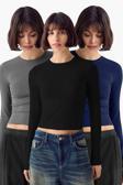 Vodens Siyah Antrasit Lacivert 3'Lü Bisiklet Yaka Basic Ultra Soft %100 Pamuk Uzun Kol Bluz