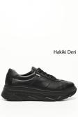 Kadın Siyah Dolgu Taban Bağcıklı Hakiki Deri Sneaker