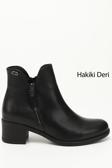 Kadın Siyah Çift Fermuarlı Kalın Topuklu Hakiki Deri Bot