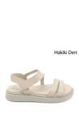 Kadın Bej Cırt Bantlı Hakiki Deri Comfort Sandalet