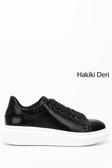 Kadın Siyah Rugan Bağcıklı Dolgu Taban Hakiki Deri Sneaker