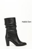 Kadın Siyah Sivri Burun Körüklü Kalın Topuklu Hakiki Deri Çizme