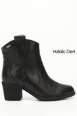 Kadın Siyah Kalın Topuklu Hakiki Deri Kovboy Bot