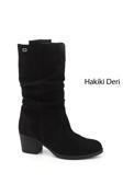 Kadın Siyah Süet Kalın Topuklu Körüklü Hakiki Deri Çizme