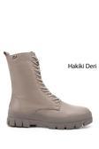 Kadın Bej Fermuarlı Kauçuk Taban Hakiki Deri Postal Bot