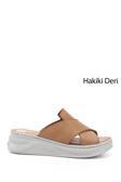 Kadın Taba Çapraz Bantlı Dolgu Topuklu Hakiki Deri Comfort Terlik