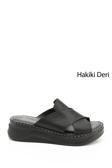 Kadın Siyah Çapraz Bantlı Dolgu Topuklu Hakiki Deri Comfort Terlik