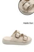 Kadın Bej Tokalı Hakiki Deri Comfort Terlik