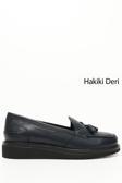 Kadın Lacivert Antik Dolgu Taban Hakiki Deri Loafer Ayakkabı