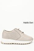 Kadın Bej Bağcıklı Dolgu Taban Hakiki Deri Sneaker