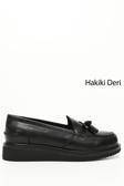 Kadın Siyah Dolgu Taban Hakiki Deri Loafer Ayakkabı