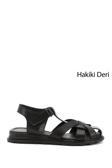 Kadın Siyah Cırt Bantlı Burnu Kapalı Hakiki Deri Sandalet