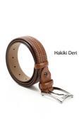 Erkek Taba Antik Hakiki Deri 3,5 Cm Örgü Desenli Kemer