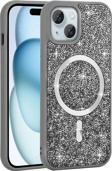 iPhone 15 Plus Kılıf Pırlanta Tasarımlı M-safe Şarj Özellikli Mozaik Silikon Kapak