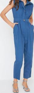 Kadın Moda Standart Kol Geniş Paça Gömlek Yaka Maxi Gömlek Yaka Kolsuz Gabardin Dokuma Tulum