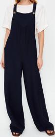 Kadın Moda Standart Kol Geniş Paça Kare Yaka Uzun Jile Form Keten Görünümlü Bol Paça Dokuma Tulum