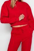 Tarz Relaxed Kapüşonlu Düşük Kol Crop Kalın İçi Polarlı Rahat Kesim Crop Basic Örme Sweatshirt