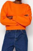 Tarz Crop Dik Yaka Düşük Kol Crop Rahat Kesim Crop Basic Kalın İçi polarlı Örme Sweatshirt