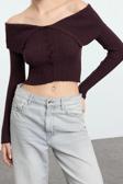 Stil Modern Kadın Crop Standart Kol Carmen Yaka Özel İplik Triko Hırka
