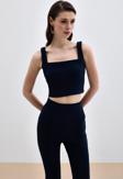 Kare Yaka Crop Bluz - Lacivert