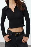 Stil Kadın Dokulu Kumaş Fitted Vücuda Oturan Bluz Crop Örme Slim Kalıp