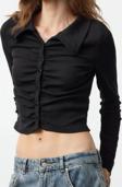 Stil Kadın Fitted Vücuda Oturan Fitilli Pamuklu Esnek Bluz Crop Örme Slim Kalıp