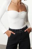 Stil Kadın Büzgü Drape ve Aksesuar Detaylı Dar Kalıp Boy Bluz Regular Örme Slim Kalıp