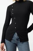 Stil Kadın Fitted Vücuda Oturan Düğme Detaylı Fitilli Esnek Bluz Regular Örme Slim Kalıp