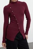 Stil Kadın Fitted Vücuda Oturan Düğme Detaylı Fitilli Esnek Bluz Regular Örme Slim Kalıp