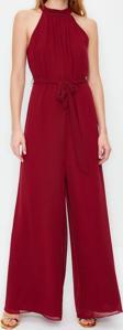 Kadın Moda Standart Kol Geniş Paça Halter Yaka Uzun Kuşaklı Maxi Şifon Astarlı Dokuma Tulum