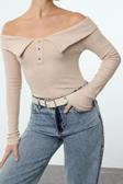 Stil Kadın Fitted Vücuda Oturan Çıtçıtlı Yaka Detaylı Fitilli Esnek Bluz Regular Slim Kalıp
