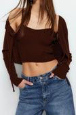 Kadın Modern Tarz Slim V Yaka Crop Triko Takım