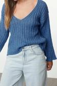 Stil Modern Kadın Crop Standart Kol V Yaka Yünlü Geniş Kalıp Basic Triko Kazak