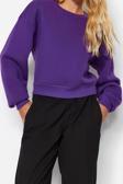 Tarz Crop Dik Yaka Düşük Kol Crop Rahat Kesim Crop Basic Kalın İçi polarlı Örme Sweatshirt