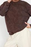 Regular Bisiklet Yaka Düşük Kol Regular Eskitme Kalın İçi Polarlı İnci Detaylı Örme Sweatshirt